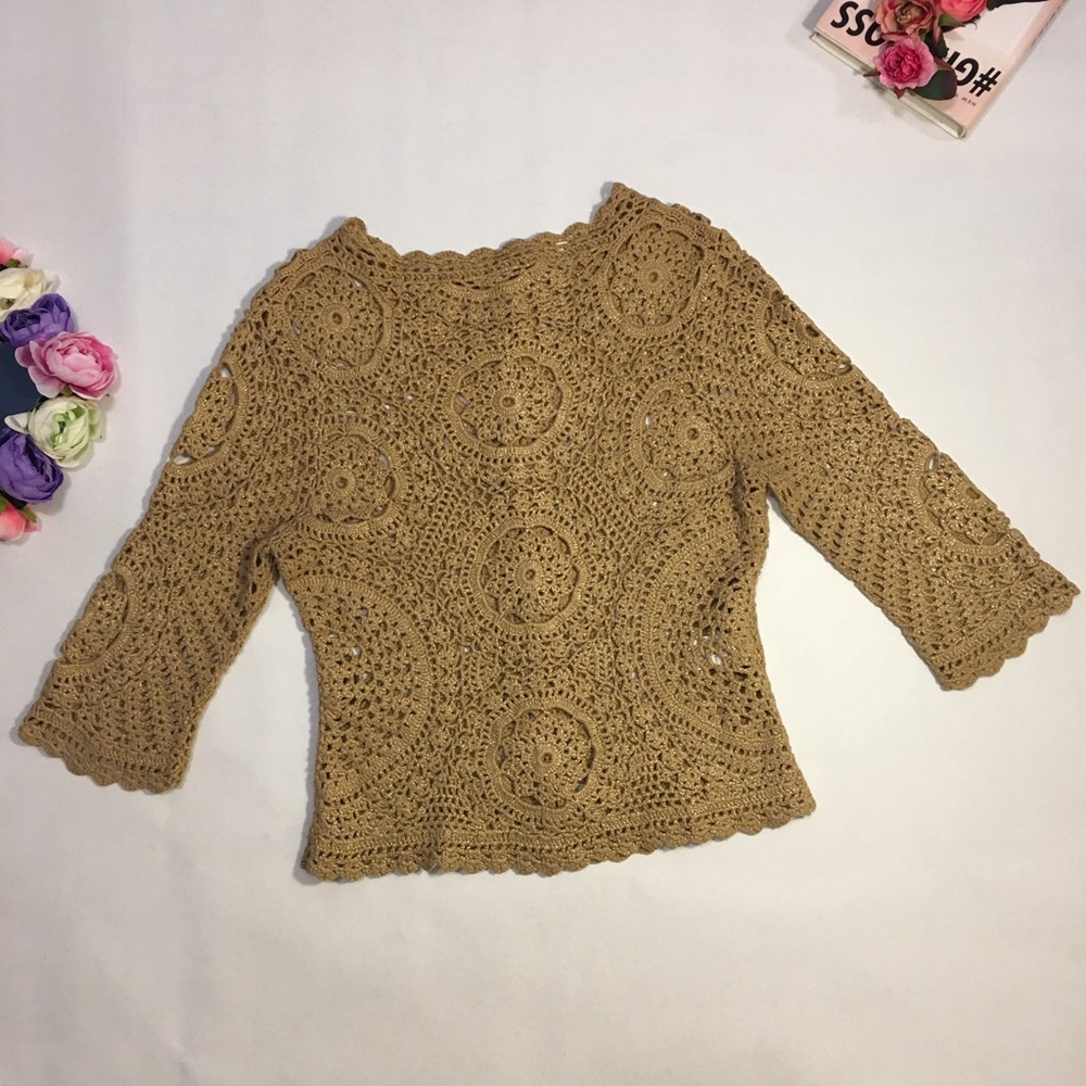 BCBG Brown golden crochet buttoned top cardigan - Picture 5 of 7